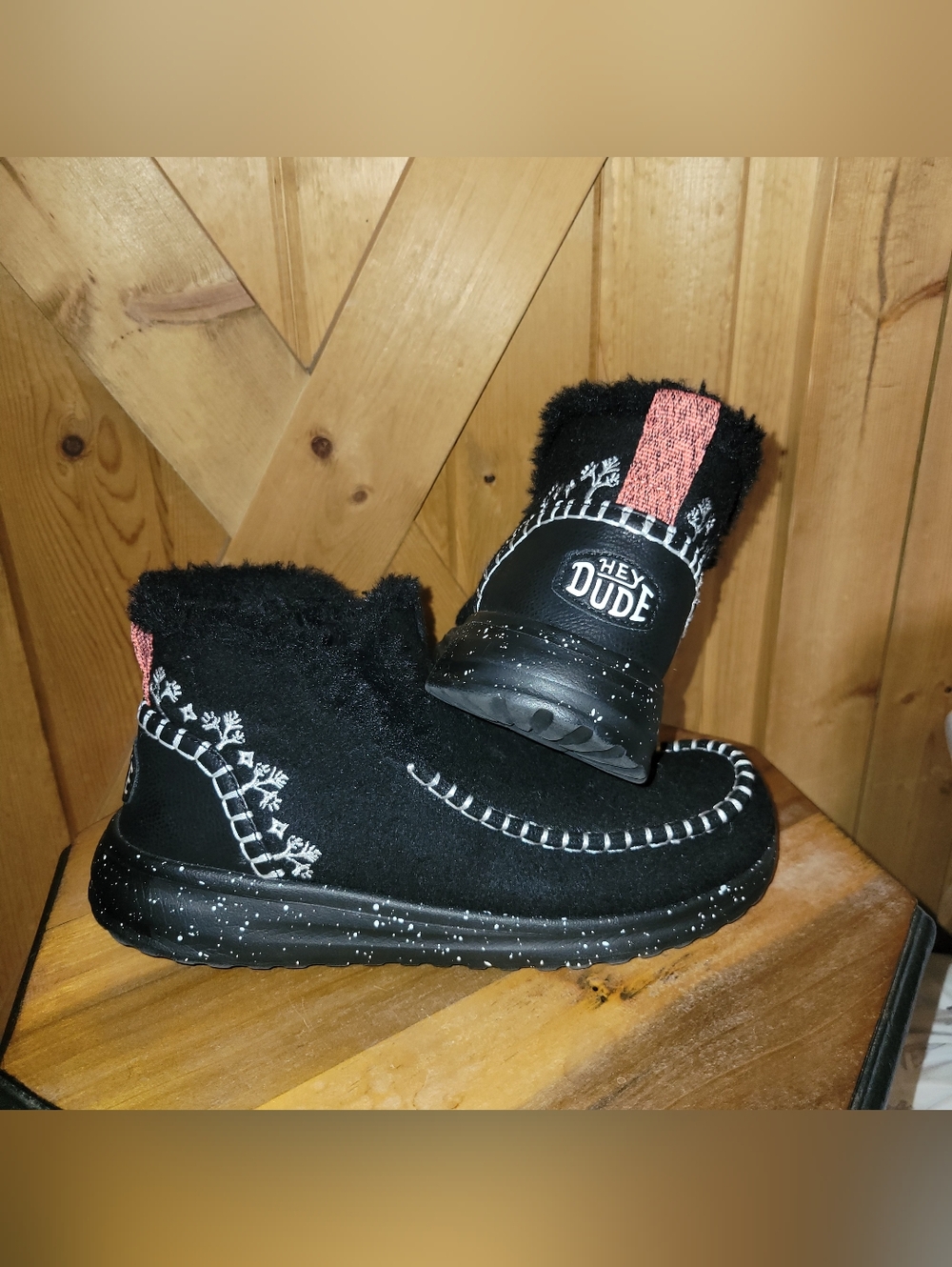 Hey Dude Denny Faux Shearling Boot Black Slip On Comfy Womens Size 7